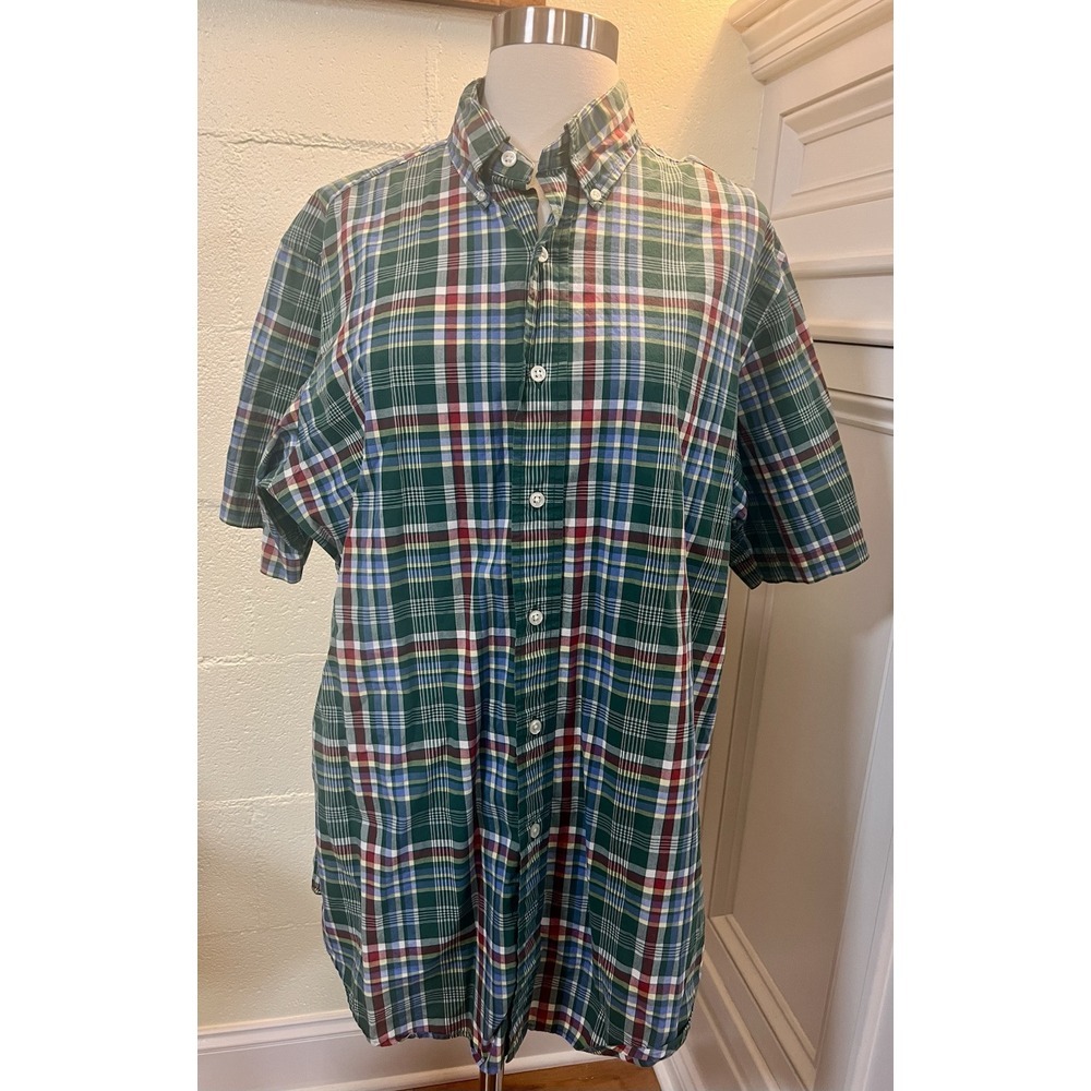 Ralph Lauren Short Sleeve Button Down Classic‎ Fit Shirt Size L Green Blue Plaid
